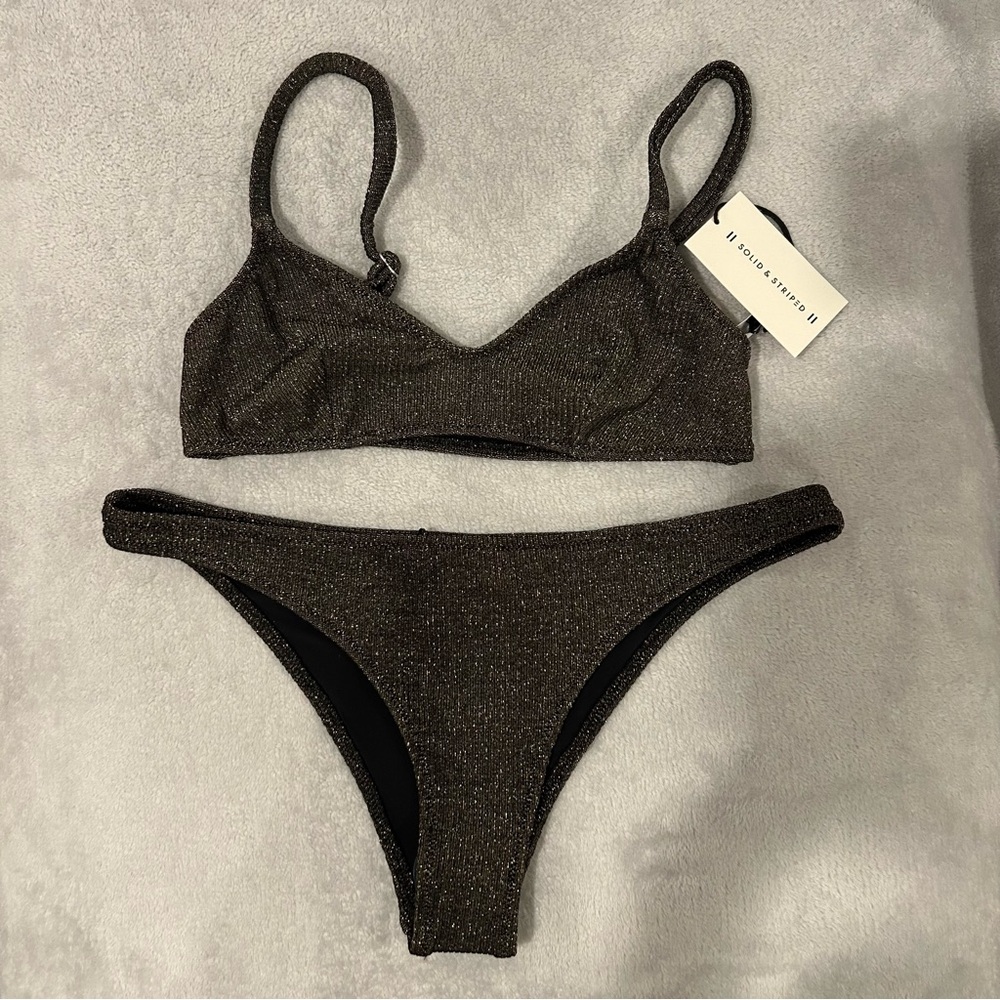 NWT Solid & Striped Gold/Black Shimmer Bikini Size S Bottoms & Size XS Top